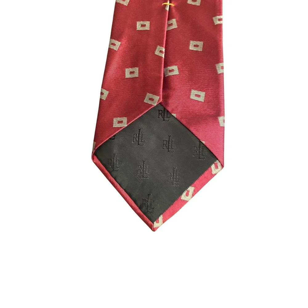 Lauren Ralph Lauren‎ Mens Burgundy Red Silk Geometric Square Pattern Necktie